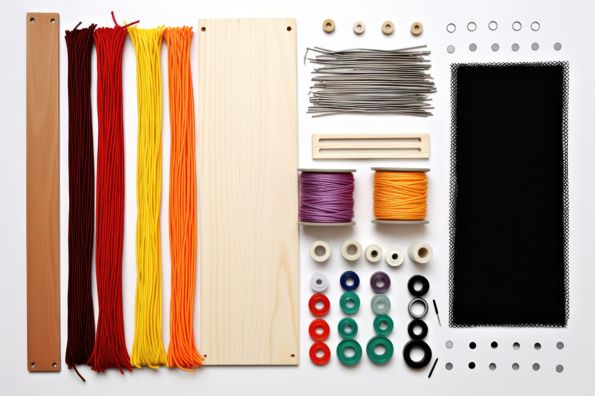 Moodboard di materiali per ricamo e strumenti